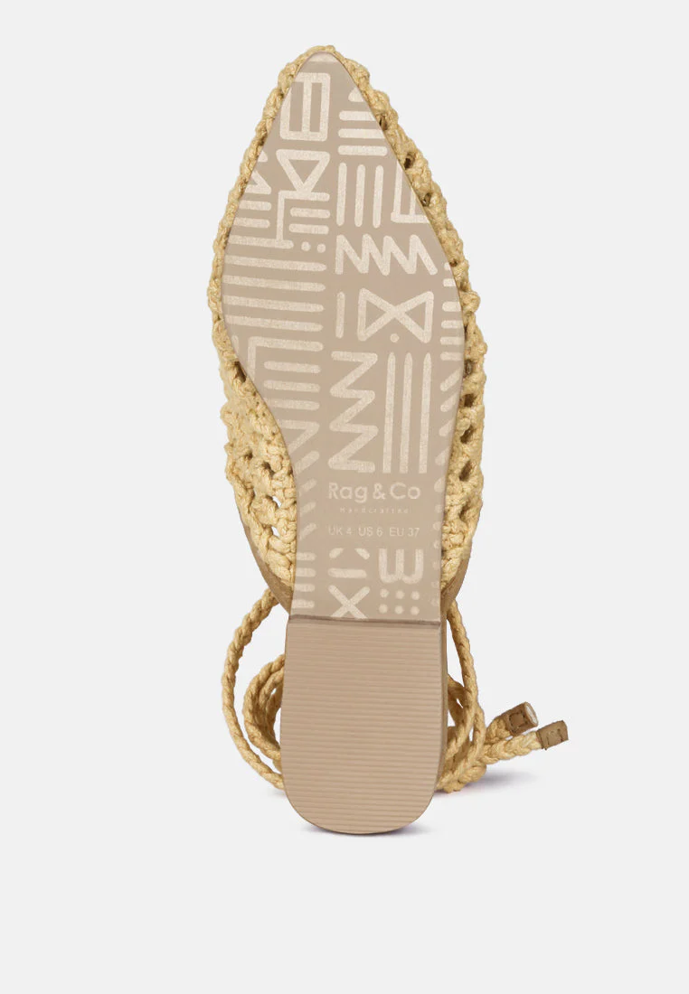 TUTSI Nude Handwoven Honeycomb Tie Up Flat Mules - Image 6