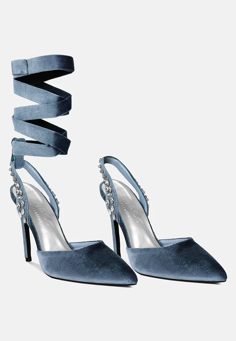 WALLIS Blue Diamante Embellished Tie Up Stiletto Sandals - Image 2