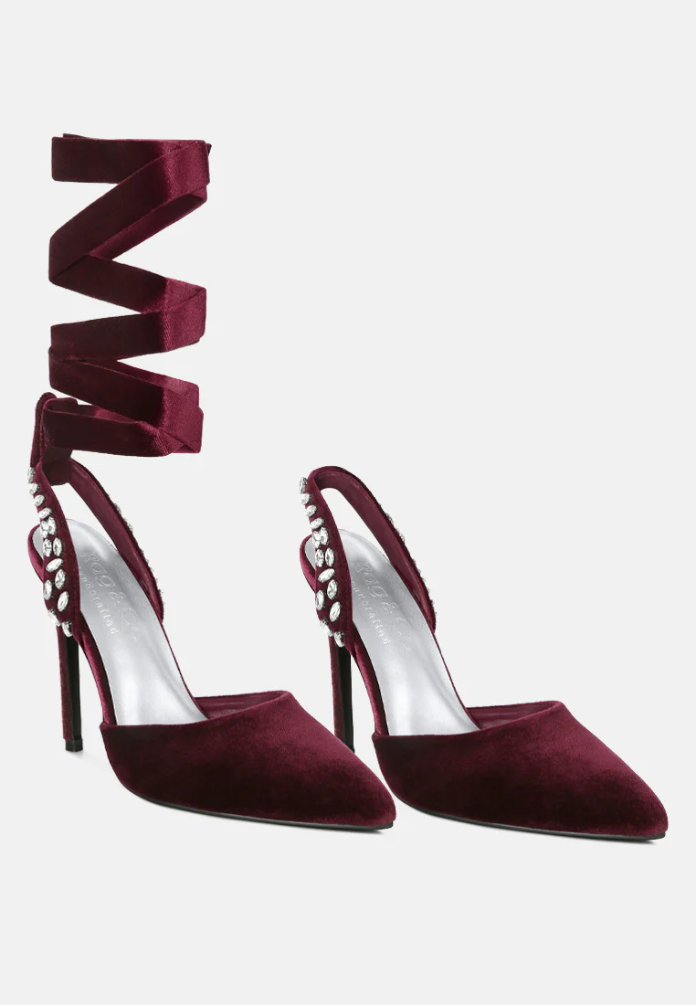 WALLIS Burgundy Diamante Embellished Tie Up Stiletto Sandals - Image 2