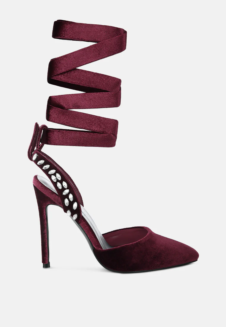 WALLIS Burgundy Diamante Embellished Tie Up Stiletto Sandals - Image 3