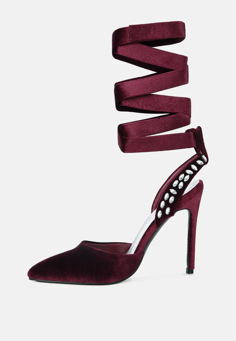 WALLIS Burgundy Diamante Embellished Tie Up Stiletto Sandals - Image 4