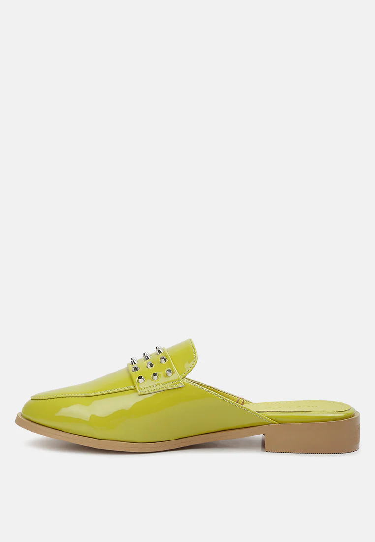 YASHTA Lime Green Patent Studded Flat Mules - Image 3