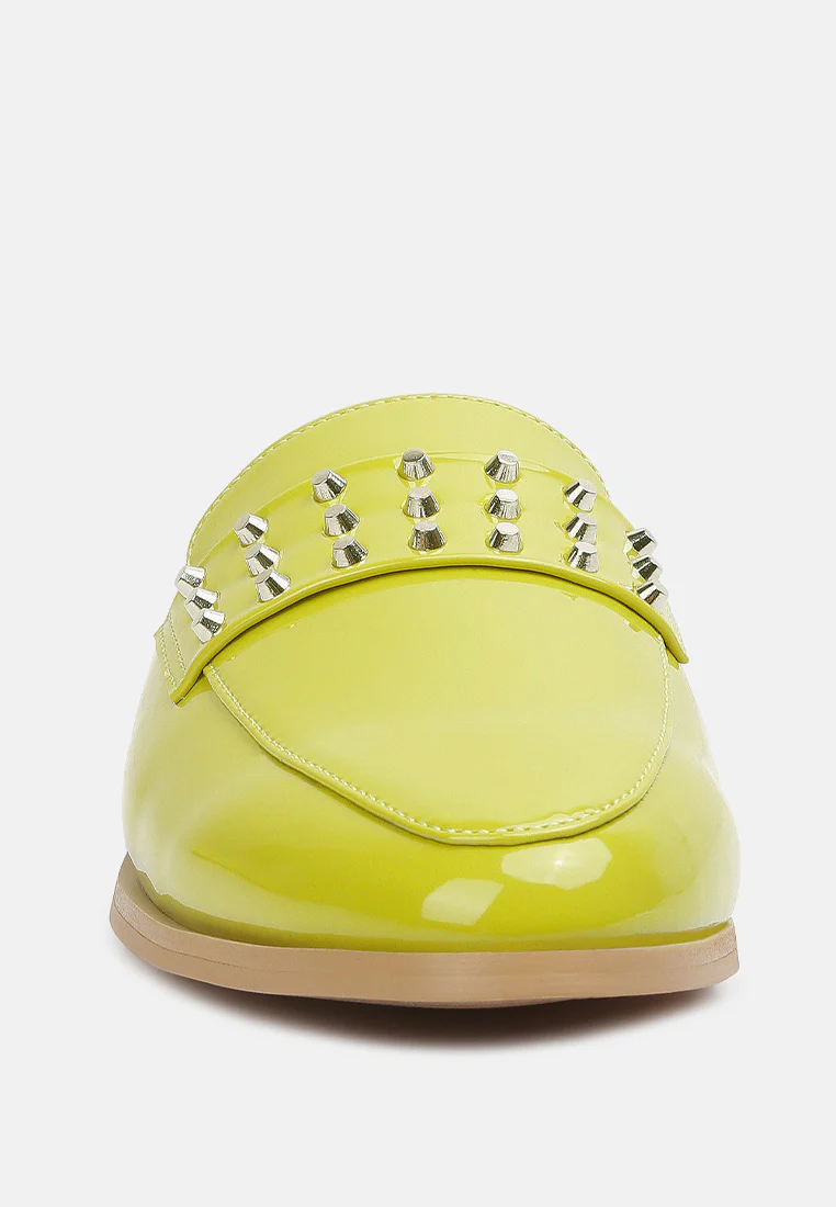 YASHTA Lime Green Patent Studded Flat Mules - Image 4