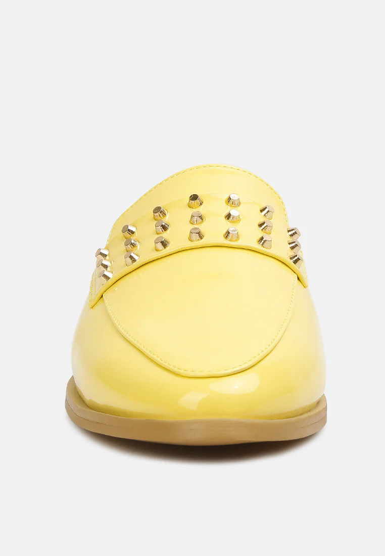 YASHTA Yellow Patent Studded Flat Mules - Image 4