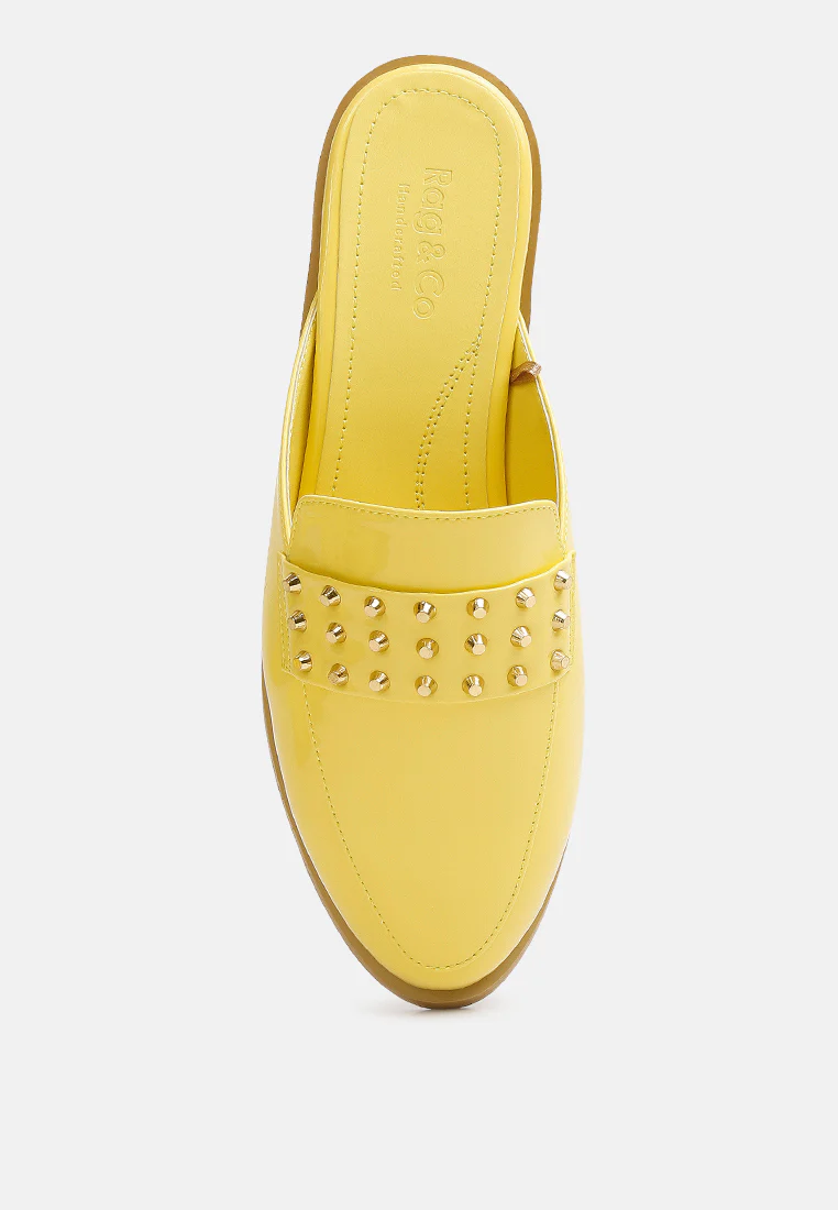 YASHTA Yellow Patent Studded Flat Mules - Image 6