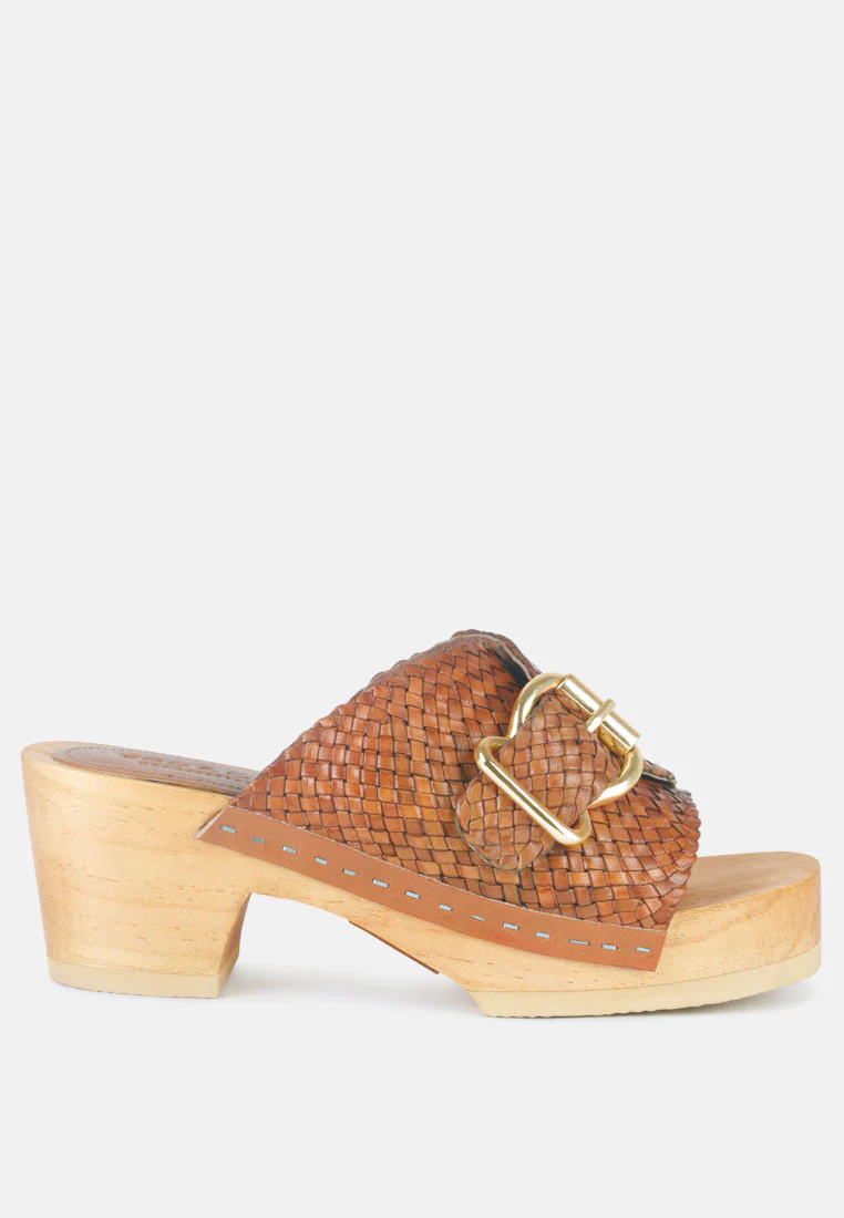 YORUBA Braided Tan Leather Buckled Slide Clogs